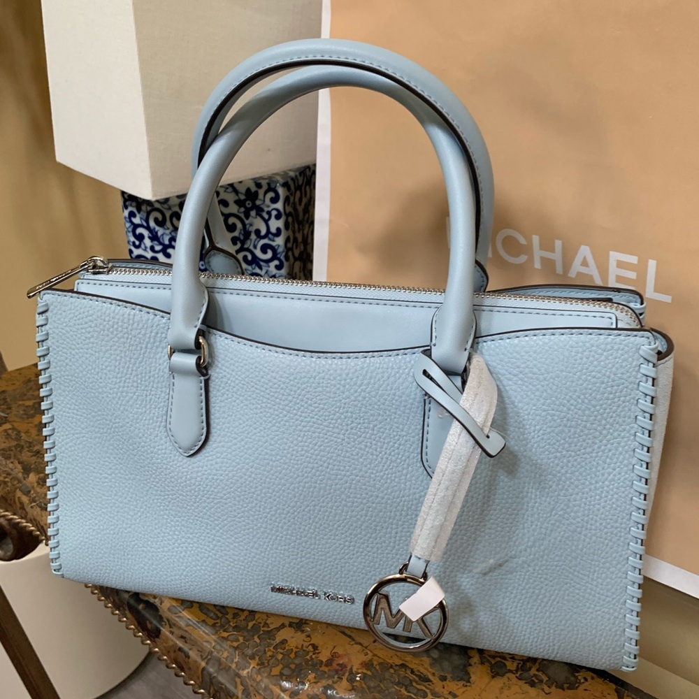 Michael Kors Powder Blue Leather Medium Satchel with MK Charm